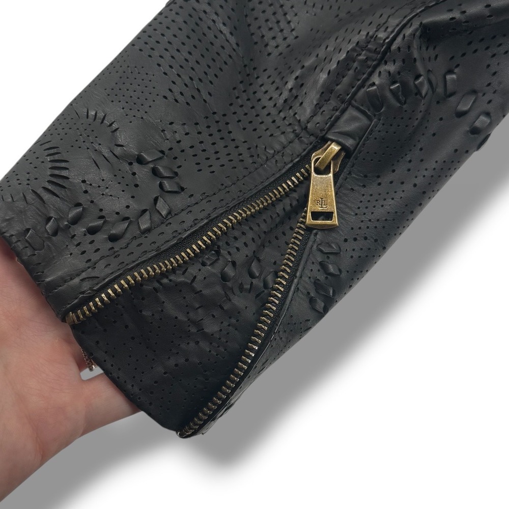Ralph Lauren Moto Jacket NEW Women 8 Black Laser Cut Leather Biker Chic Luxury - Picture 10 of 12